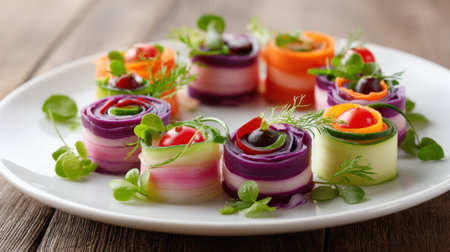 Delight in these vibrant vegetable rolls, featuring fresh herbs and cherry tomatoes, beautifully arranged on a white plate, ideal for any event.の素材