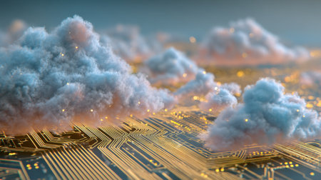 This captivating image depicts soft clouds floating over a digital circuit board, illuminated with bright elements. The scene blends technology and nature, creating a dreamlike atmosphere that sparks innovation and creativity.の素材