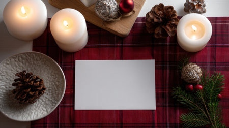 A cozy holiday scene featuring glowing candles, decorative pine cones, and a blank card on a plaid tablecloth, inviting warmth and celebration.の素材