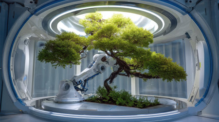 A unique scene depicting a robotic arm delicately caring for a bonsai tree in a sophisticated lab setting. The environment highlights the fusion of technology and nature, showcasing innovation in plant cultivation.の素材