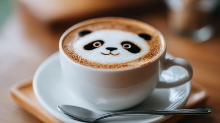 A delightful coffee beverage features adorable panda face latte art in a cozy cafe setting, evoking warmth and charm with its inviting design.の素材