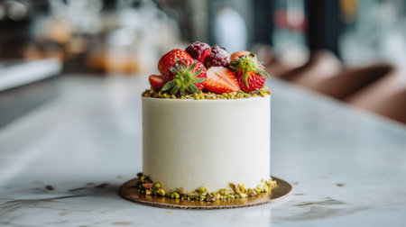 A beautifully crafted cake topped with fresh strawberries, raspberries, and pistachios placed on a marble table in a stylish cafe setting.の素材