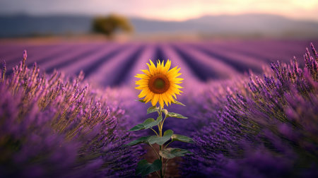 A stunning sunflower stands alone in a sea of lavender, capturing the beauty of nature at sunset in this tranquil countryside setting.の素材