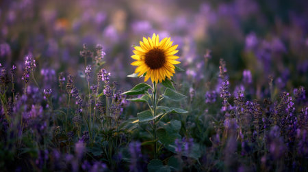 A stunning sunflower stands tall among a sea of purple wildflowers, creating a mesmerizing contrast in the summer landscape, evoking tranquility.の素材
