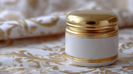 A beautifully crafted cream jar featuring a gold lid placed elegantly on a luxurious fabric backdrop with an ornate golden pattern, showcasing upscale beauty and skincare aesthetics.の素材