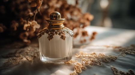 This stunning vintage perfume bottle, adorned with intricate gold detailing, captures elegance and charm, beautifully illuminated by warm light.の素材