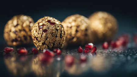 This captivating image features golden decorative spheres and scattered pomegranate seeds, offering a rich and elegant visual appeal on a dark reflective surface.の素材
