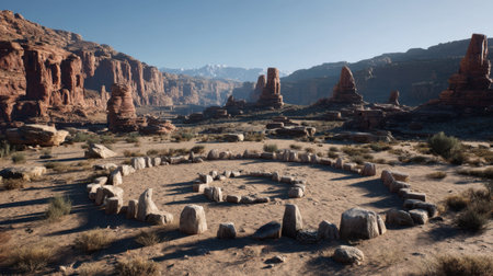 Explore the breathtaking beauty of an ancient stone circle nestled in a stunning desert landscape, framed by towering red rock formations under a clear blue sky.の素材