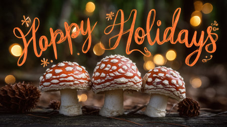 A charming still life featuring three mushrooms in a natural setting, adorned with festive bokeh lights and a cheerful holiday message.の素材