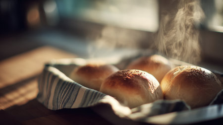 A beautiful capture of soft, freshly baked bread rolls with steam rising, arranged on a wooden table in a warm kitchen setting, perfect for culinary inspiration.の素材