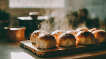A delicious display of freshly baked soft white bread rolls exuding warm steam in a rustic kitchen, perfect for any meal or snack.の素材