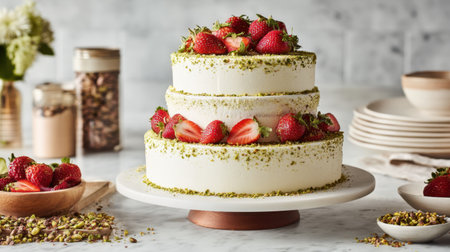 A stunning three-tier cake topped with fresh strawberries and pistachio decor, perfect for any celebration or special occasion, presented on a marble surface.の素材