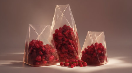 These transparent bags are filled with fresh raspberries, showcasing the vibrant color and appeal of healthy snacks in an artistic display.の素材