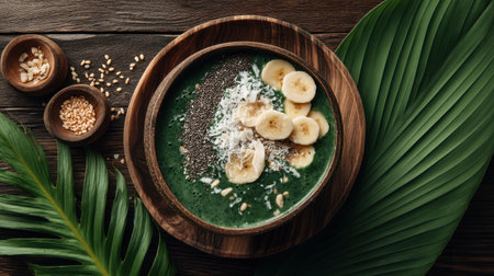 A vibrant green smoothie bowl topped with fresh banana slices, chia seeds, and coconut flakes, beautifully arranged on a wooden table, evoking health and vitality.の素材