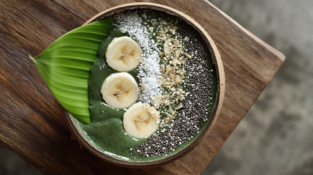 A visually appealing smoothie bowl featuring banana slices, coconut flakes, and chia seeds, perfect for a nutritious breakfast or snack.の素材
