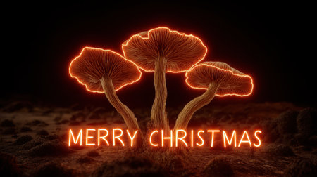 This captivating image features glowing mushrooms set against a dark backdrop with a festive "Merry Christmas" message, creating a unique atmosphere.の素材
