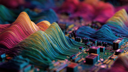 This captivating image showcases vibrant 3D waves rendered over a circuit board, blending colors and forms to create a unique visual composition that highlights technology and artistry.の素材