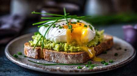 A beautifully plated avocado toast featuring creamy avocado spread, topped with a perfectly poached egg and fresh chives. Ideal for brunch or breakfast.の素材