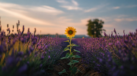 A captivating scene showcasing a singular sunflower rising amidst lush lavender fields during sunset, embodying the beauty of nature and tranquility.の素材