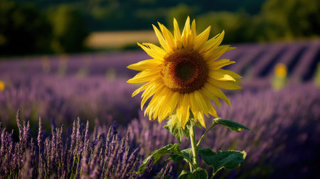 A stunning sunflower stands tall amidst a lavender field, showcasing its bright yellow petals against a backdrop of purple hues, creating a picturesque scene.の素材