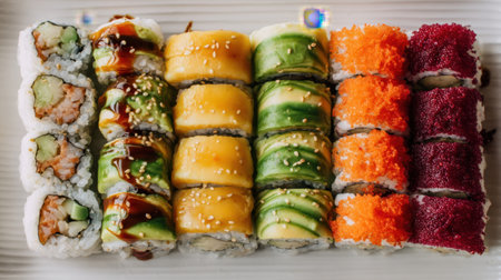 This beautiful arrangement of sushi rolls showcases a variety of vibrant colors and toppings, perfect for food lovers and culinary enthusiasts.の素材