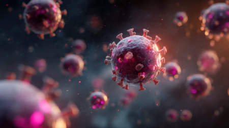 A stunning digital illustration of virus particles illuminated in purple and pink hues against a dark backdrop. This artwork captures the essence of microscopic biology and highlights the significance of viruses in understanding health and disease. Perfect for educational purposes or scientific publications.の素材