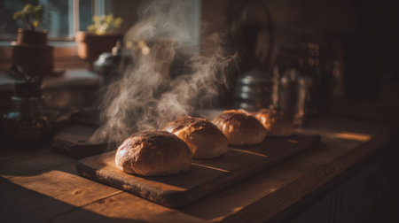 A warm and inviting image of freshly baked bread rolls resting on a wooden board with steam rising, perfect for food photography. The cozy kitchen setting enhances the overall comforting atmosphere, highlighting the homemade quality and inviting aroma of freshly baked goods.の素材