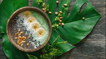 A vibrant smoothie bowl featuring banana slices, chia seeds, and fresh greens, beautifully arranged on a wooden surface with lush leaves.の素材