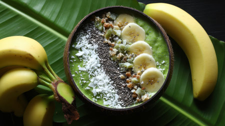 A vibrant smoothie bowl filled with green goodness and topped with banana slices, chia seeds, and coconut flakes, perfect for health enthusiasts.の素材