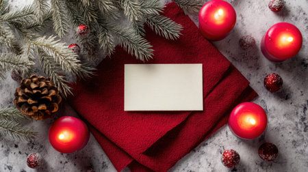 A serene holiday arrangement featuring red candles, a blank card, and natural elements like pine, set against textured textile backgrounds.の素材