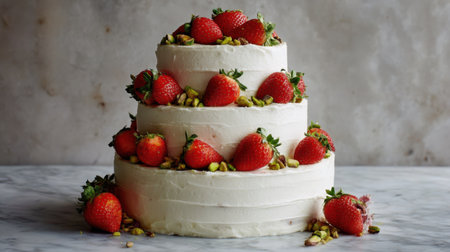 Discover an elegant three-tiered cake beautifully decorated with fresh strawberries and pistachios, perfect for any celebration. Ideal for weddings, birthdays, or special occasions, this delectable dessert combines visual appeal with delightful flavor.の素材