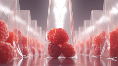 A vibrant display of fresh raspberries elegantly arranged in transparent containers. This modern setting highlights the fruit's natural beauty and freshness.の素材