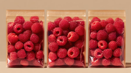A vibrant display of fresh raspberries packed in clear bags on a neutral background, ideal for showcasing healthy snacks and recipes.の素材