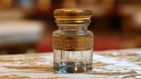 A sophisticated glass bottle featuring a luxurious golden lid, set against a beautifully patterned surface, perfect for decorative use.の素材