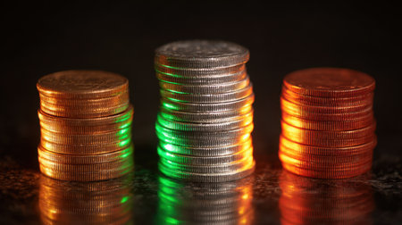 A creative composition of stacked coins illuminated in vibrant green, orange, and silver hues, showcasing richness and financial themes.の素材