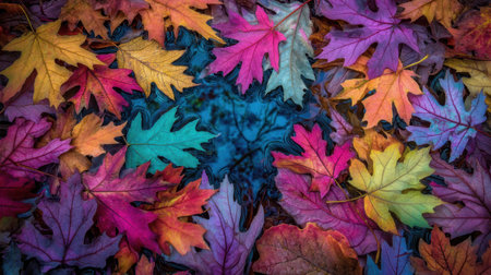 A stunning array of colorful autumn leaves scattered on the ground, creating a vibrant tapestry reflected in a water puddle.の素材