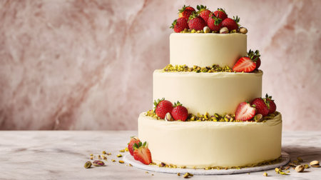 This stunning three-tier cake, adorned with ripe strawberries and pistachios, captures elegance perfect for celebrations and special occasions.の素材