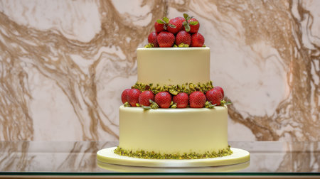 A stunning three-tiered cake featuring fresh strawberries and pistachios, perfect for elegant events. The luxurious marble backdrop enhances its appeal.の素材