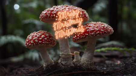 Stunning red and white mushrooms grow in a lush forest, complemented by a whimsical Christmas message in glowing script, ideal for holiday themes.の素材