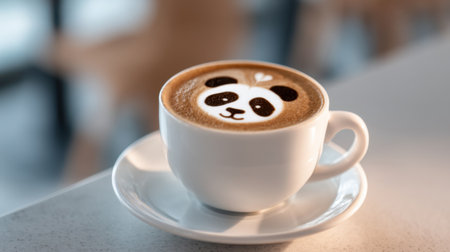 A delightful small white cup holding panda latte art creates a charming scene in a cozy cafe, perfect for coffee enthusiasts.の素材
