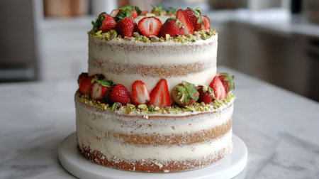 This stunning two-tier strawberry layer cake features rich whipped cream, fresh strawberries, and a sprinkle of pistachios, ideal for celebrations.の素材