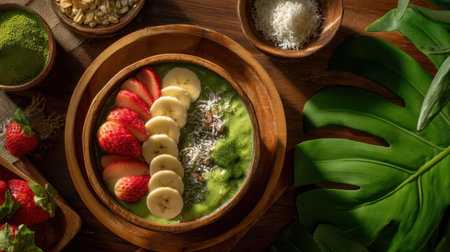 A vibrant smoothie bowl featuring fresh strawberries, bananas, and shredded coconut showcases a healthy breakfast option. Natural elements surround the wooden presentation, highlighting a lively and nutritious experience.の素材