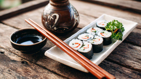 This image showcases a beautiful sushi platter, featuring fresh rolls carefully arranged on a rustic wooden table, complemented by soy sauce and chopsticks.の素材