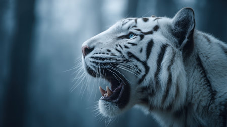 A striking close-up of a majestic white tiger roaring in a misty forest. The animal embodies beauty and raw power, showcasing its vibrant eyes and intricate stripes.の素材