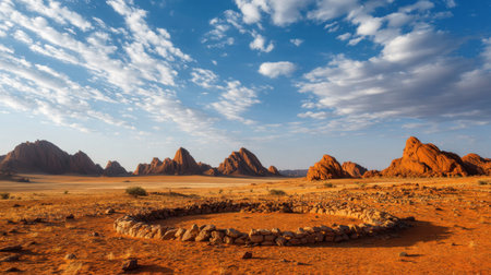 This stunning desert landscape features vibrant orange rock formations against a bright blue sky, showcasing nature's artistic beauty and serene environment.の素材