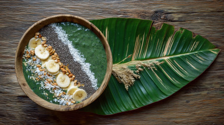 This vibrant green smoothie bowl showcases fresh ingredients like banana, nuts, and seeds, arranged beautifully with coconut flakes. Perfect for a healthy breakfast!の素材
