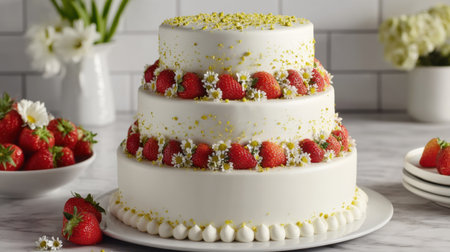 This stunning three-tiered cake features fresh strawberries and delicate flowers, perfect for any celebration or special event. The elegant design and vibrant colors make it a delicious centerpiece.の素材
