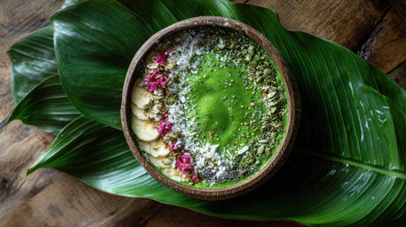 This vibrant green smoothie bowl features fresh fruit, nuts, and seeds, beautifully arranged on a tropical leaf, perfect for healthy eating.の素材
