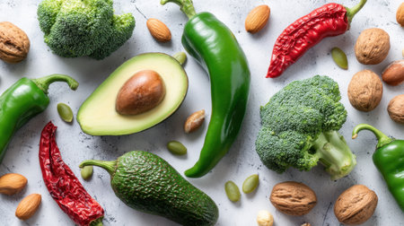A colorful assortment of fresh green vegetables and nuts, featuring broccoli, avocados, chili peppers, and nuts, perfect for healthy recipes.の素材