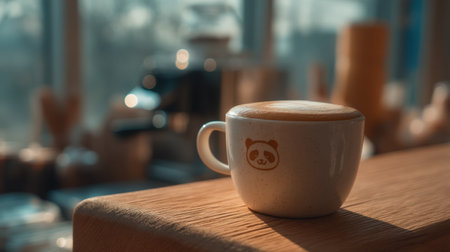 A cozy coffee cup featuring a playful panda design sits on a wooden surface, illuminated by soft morning light in a tranquil cafe environment.の素材